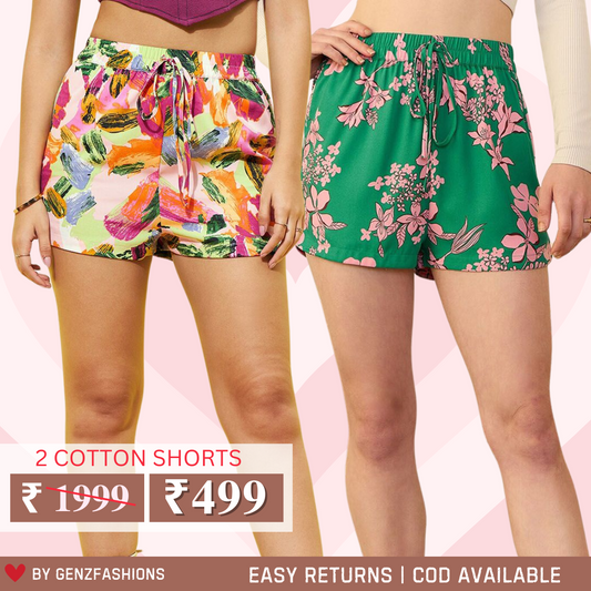 Gorgeous Floral Print Regular Fit Cotton Shorts for Women | Pack Of 2